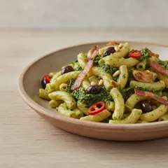 Pasta con cicoria, speck e olive