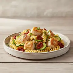 Pasta con coda di rospo, zucchine e pomodori secchi