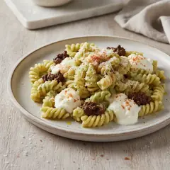 Pasta con crema di asparagi, stracciatella e bottarga