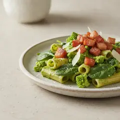 Pasta con crema di broccoli, spinacini e guanciale croccante