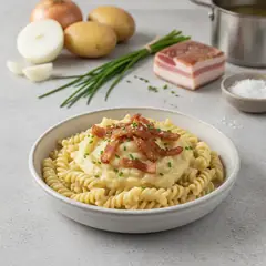 Pasta con crema di patate, brie e guanciale