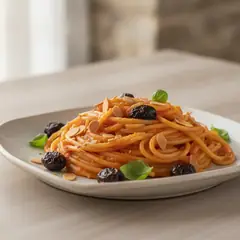 Pasta con crema di peperoni arrosto, olive e mandorle