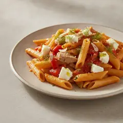 Pasta con crema di peperoni, caciotta e tonno