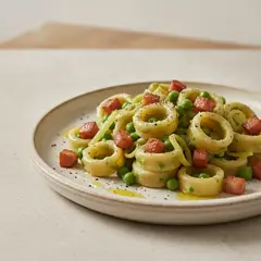 Pasta con crema di piselli e guanciale