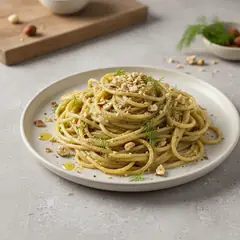 Pasta con crema di porri brasati, nocciole e finocchietto