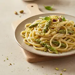 Pasta con crema di ricotta, asparagi e pistacchi