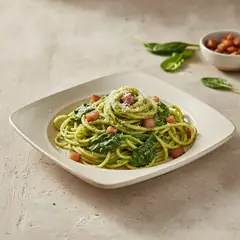 Pasta con crema di spinaci e guanciale croccante