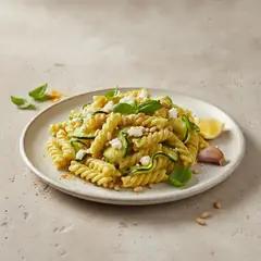 Pasta con crema di zucchine e caprino al limone e curcuma