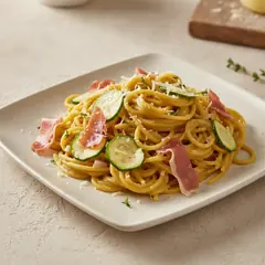 Pasta con crema di zucchine gialle e prosciutto