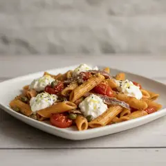 Pasta con datterini, capperi, stracciatella