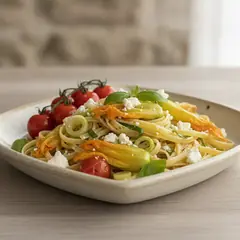 Pasta con fiori di zucca e feta