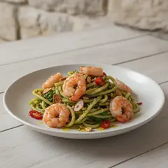 Pasta con friggitelli e crudo di gamberi