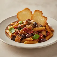 Pasta con melanzane e cialde di Grana Padano