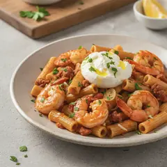 Pasta con nduja, mazzancolle e stracciatella