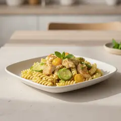 Pasta con ombrina, zucchine trombetta e pomodorini gialli
