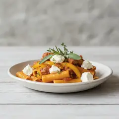 Pasta con peperoni, salsiccia e feta