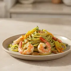 Pasta con pesto ai fiori di zucca e mazzancolle