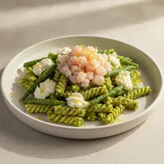 Pasta con pesto di fagiolini, stracciatella e tartare di gamberi