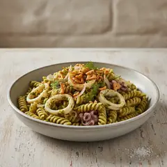 Pasta con pesto di lattuga e calamari