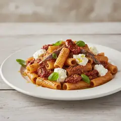 Pasta con pesto di pomodori secchi, ricotta e alici