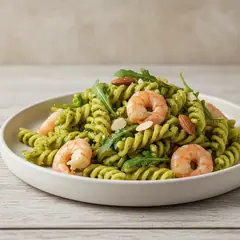 Pasta con pesto di rucola e gamberi