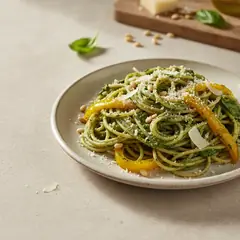 Pasta con pesto di spinacino e peperoni