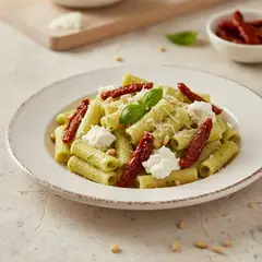 Pasta con pesto di zucchine, ricotta e pomodori secchi