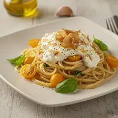 Pasta con pomodorini gialli, stracciatella e bottarga