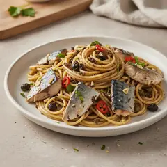 Pasta con tapenade e sgombro