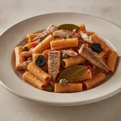 Pasta con triglie, capperi e aglio nero
