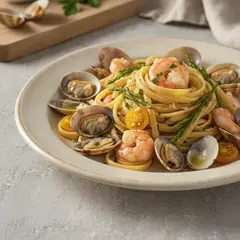 Pasta con vongole, gamberi e salicornia