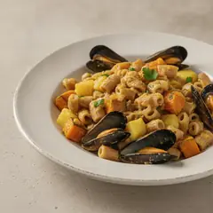 Pasta con zucca, patate e cozze