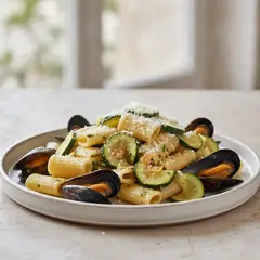 Pasta con zucchine, cozze e pecorino