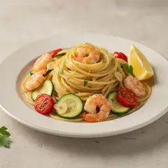 Pasta con zucchine, gamberi e pomodorini