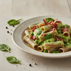 Pasta di grano saraceno con crema di pisellini e speck croccante