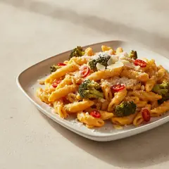 Pasta di legumi con crema di carote e broccoli saltati