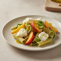 Pasta fredda con crema di zucchine, pesche e stracciatella