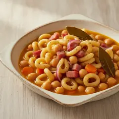 Pasta in zuppa di ceci, alloro e aglio rosso