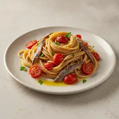 Pasta integrale con alici, pomodorini e scorza di limone