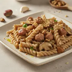 Pasta porcini, salsiccia e castagne sbriciolate