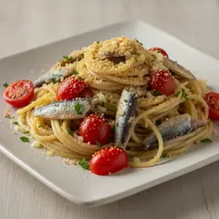 Pasta sarde pomodorini e pangrattato