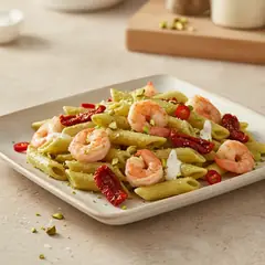 Pasta senza glutine con pesto di pistacchi, gamberi e pomodori secchi