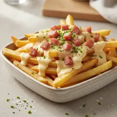 Patatine fritte con fonduta di pecorino e pancetta
