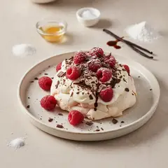 Pavlova allo yogurt, lamponi e cioccolato