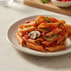Penne all'arrabbiata con funghi champignon
