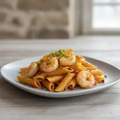 Penne rigate al pesto di paprika e scampi marinati