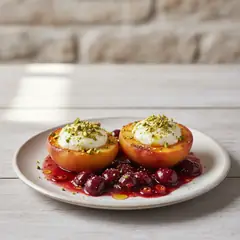 Pesche ripiene di robiola con salsa di ciliegie piccante