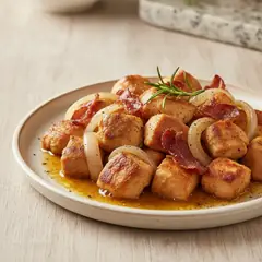 Pollo alla birra con cipolle e speck
