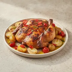 Pollo alla diavola alla birra con patate e cipolline