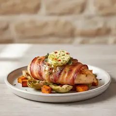 Pollo bardato con carciofi e patate dolci